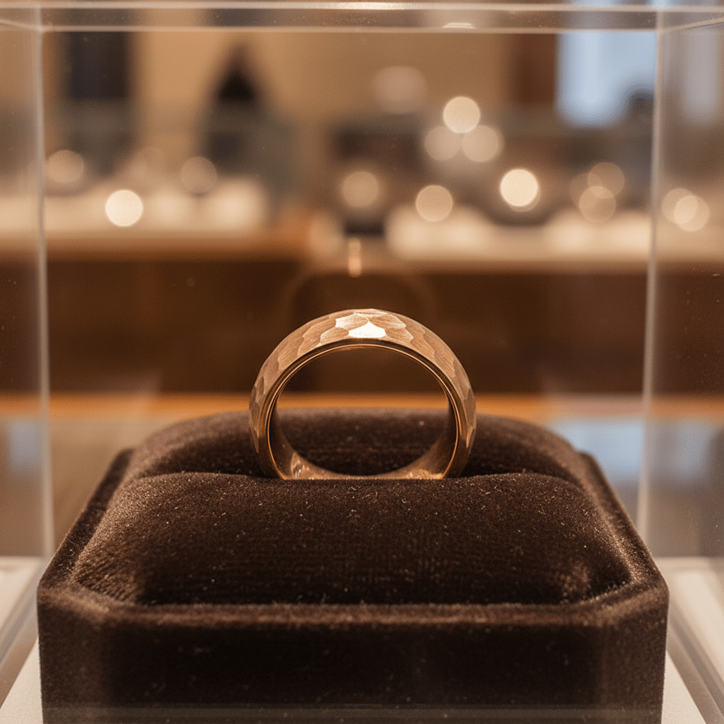STRIKE — Premium boutique display on velvet — men's tungsten wedding ring.