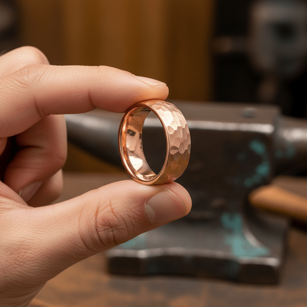 STRIKE — Held between fingers close-up — men's tungsten wedding ring.