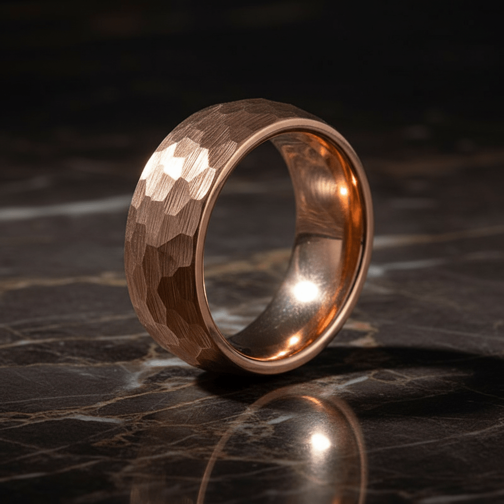 STRIKE — Luxury 3/4 angle on dark marble — men's tungsten wedding ring.