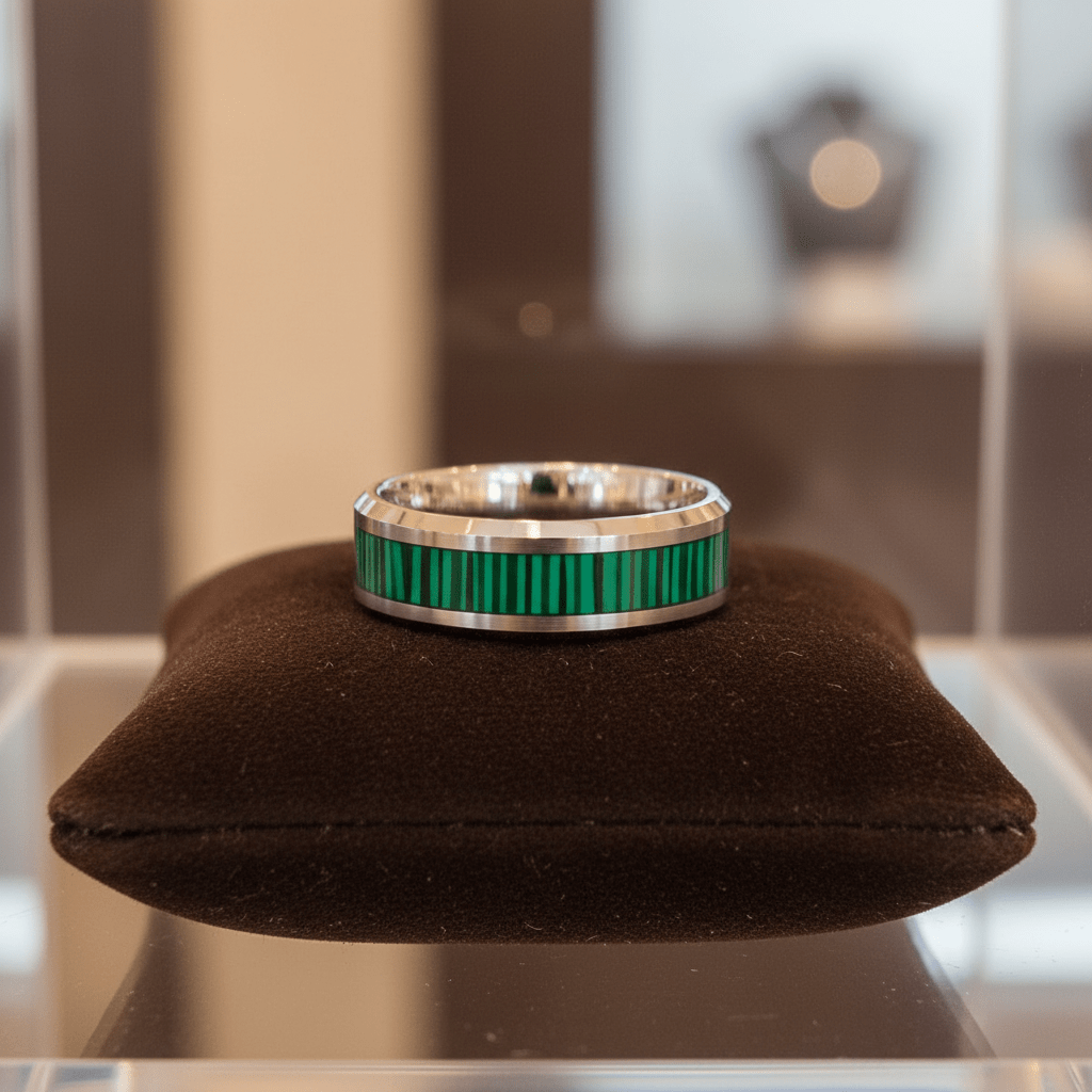 SUITLAND — Premium boutique display on velvet — men's tungsten wedding ring.