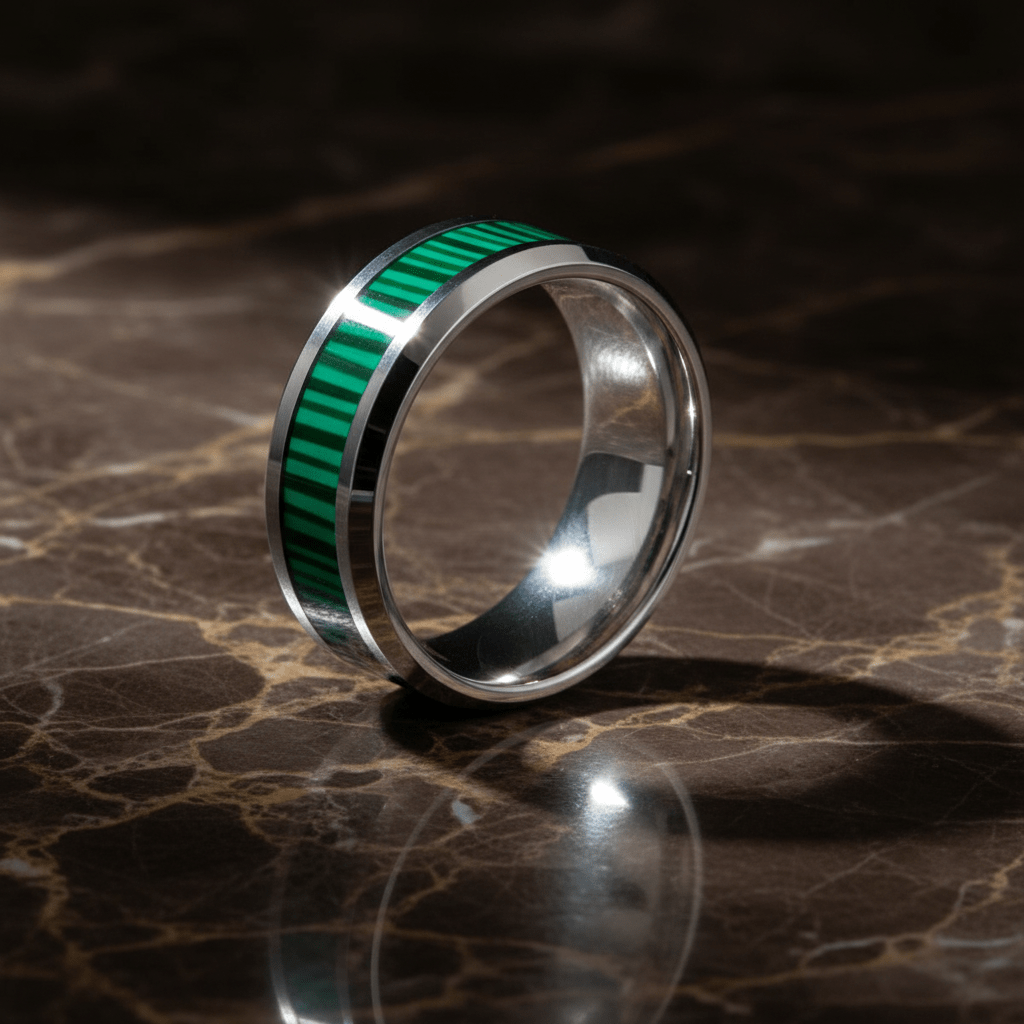 SUITLAND — Luxury 3/4 angle on dark marble — men's tungsten wedding ring.
