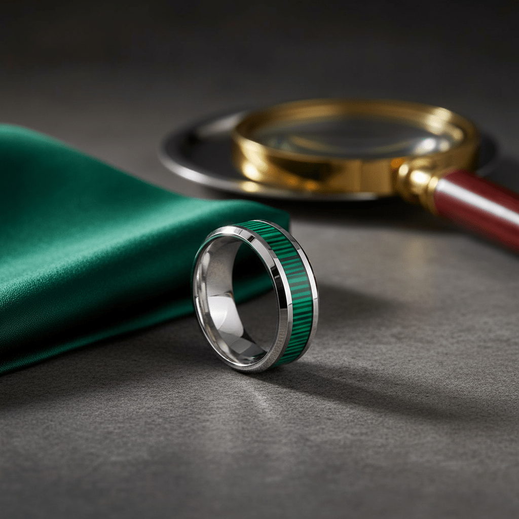 SUITLAND — Editorial masculine still life — men's tungsten wedding ring.