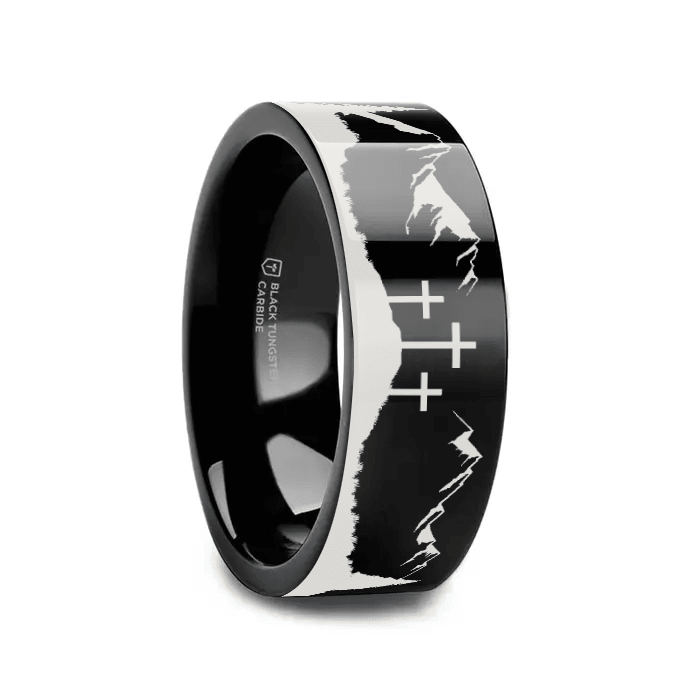 SUMMIT black tungsten ring with mountain landscape laser-engraved around the band – Aydins Jewelry