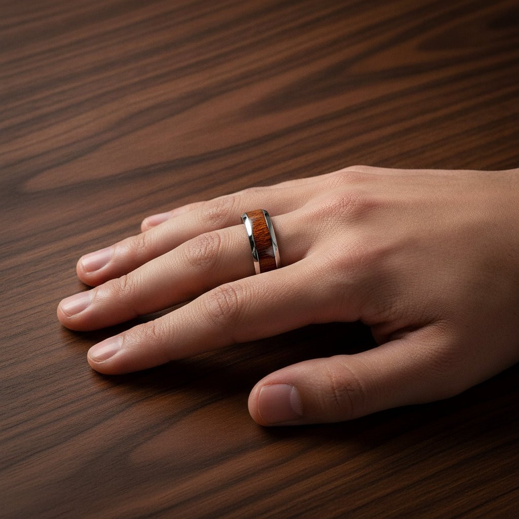 SWIETENIA silver tungsten wedding band with rich mahogany wood inlay running around the band and polished edges worn on man's hand resting on walnut wood, lifestyle photo