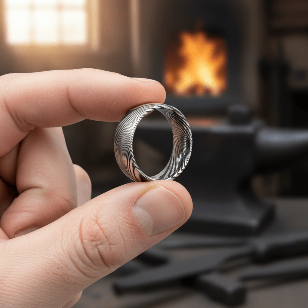 SWIRL — Held between fingers close-up — men's tungsten wedding ring.