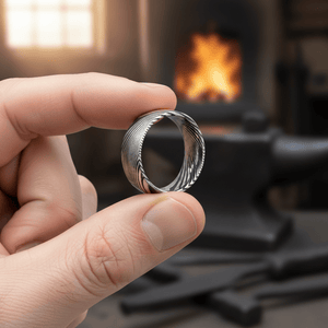 SWIRL — Held between fingers close-up — men's tungsten wedding ring.