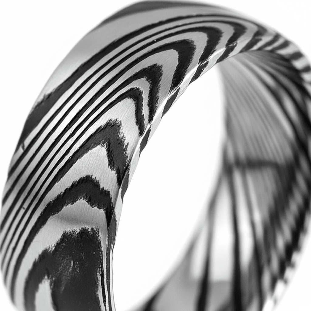 SWIRL — Extreme macro detail — men's tungsten wedding ring.