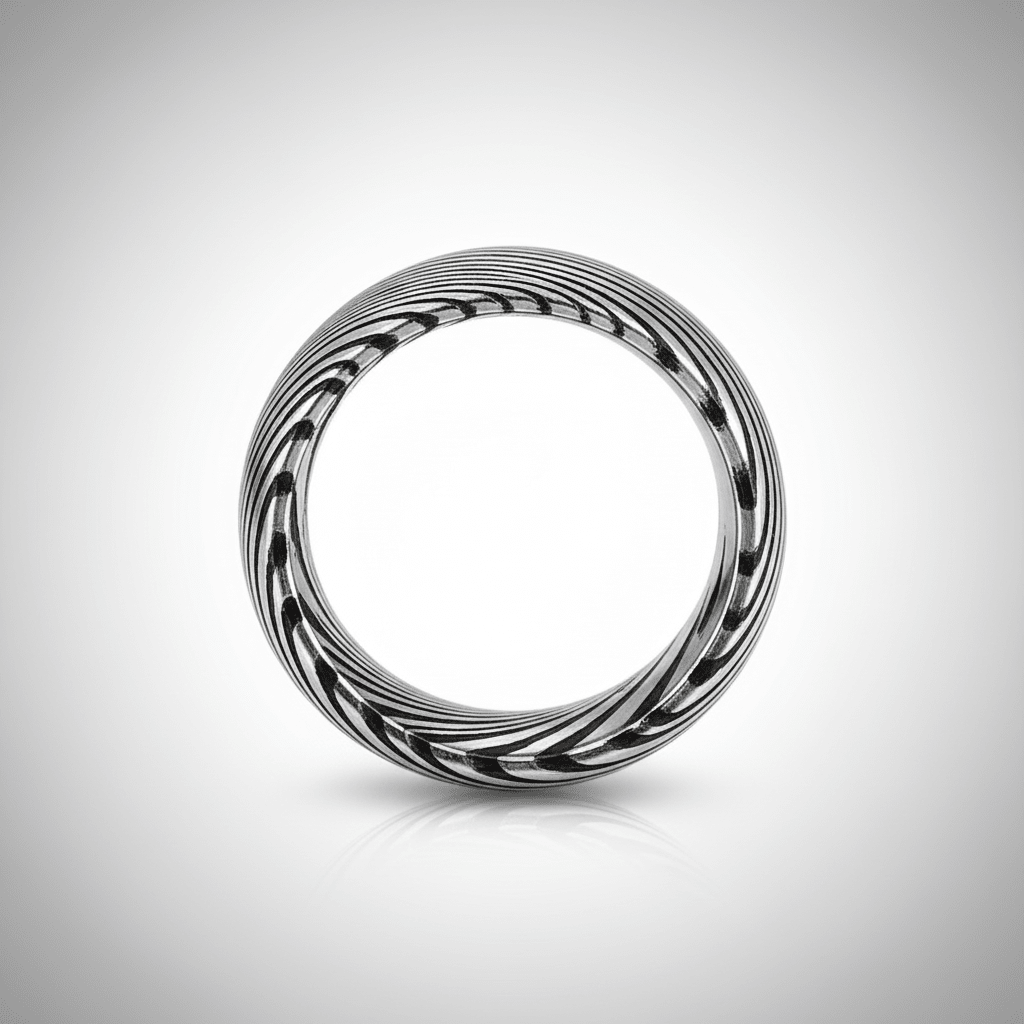 SWIRL — Center-through axial view — men's tungsten wedding ring.