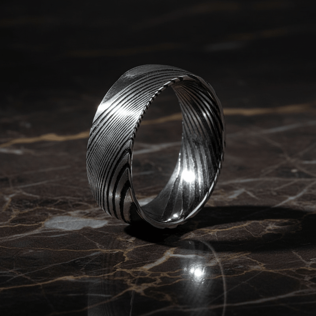 SWIRL — Luxury 3/4 angle on dark marble — men's tungsten wedding ring.