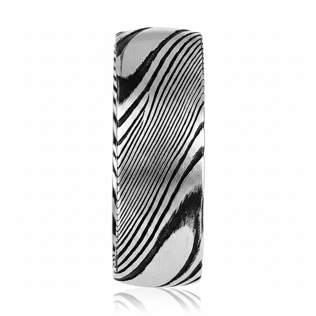 SWIRL — Front-facing straight-on view — men's tungsten wedding ring.