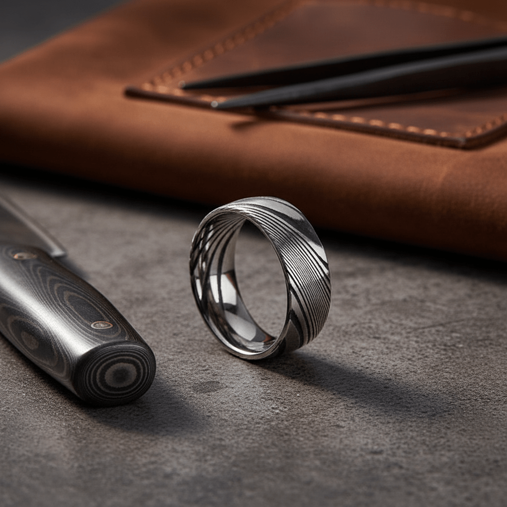 SWIRL — Editorial masculine still life — men's tungsten wedding ring.