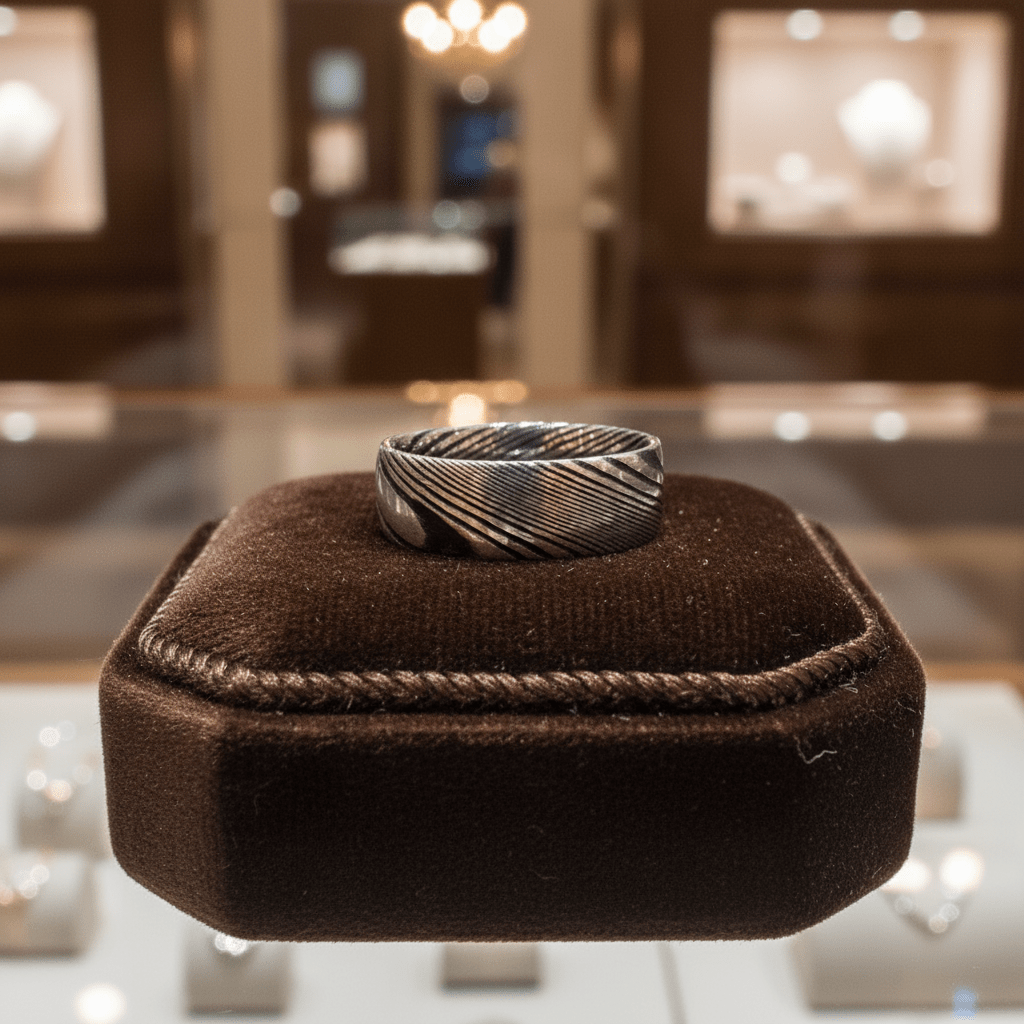 SWIRL — Premium boutique display on velvet — men's tungsten wedding ring.