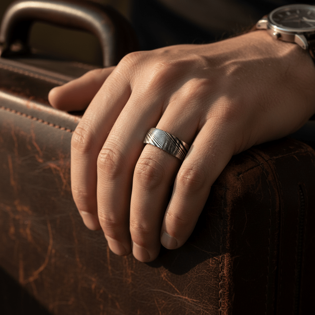 SWIRL — Lifestyle photo on hand — men's tungsten wedding ring.