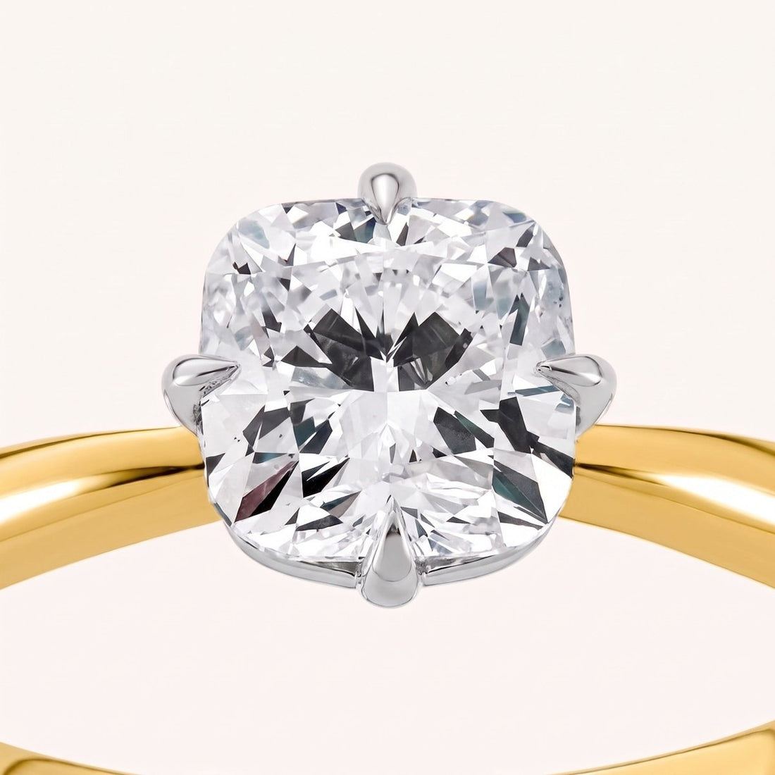 SYLVIE cushion lab-grown diamond ring in 14K two-tone gold, setting close-up, approx. 1 ct center