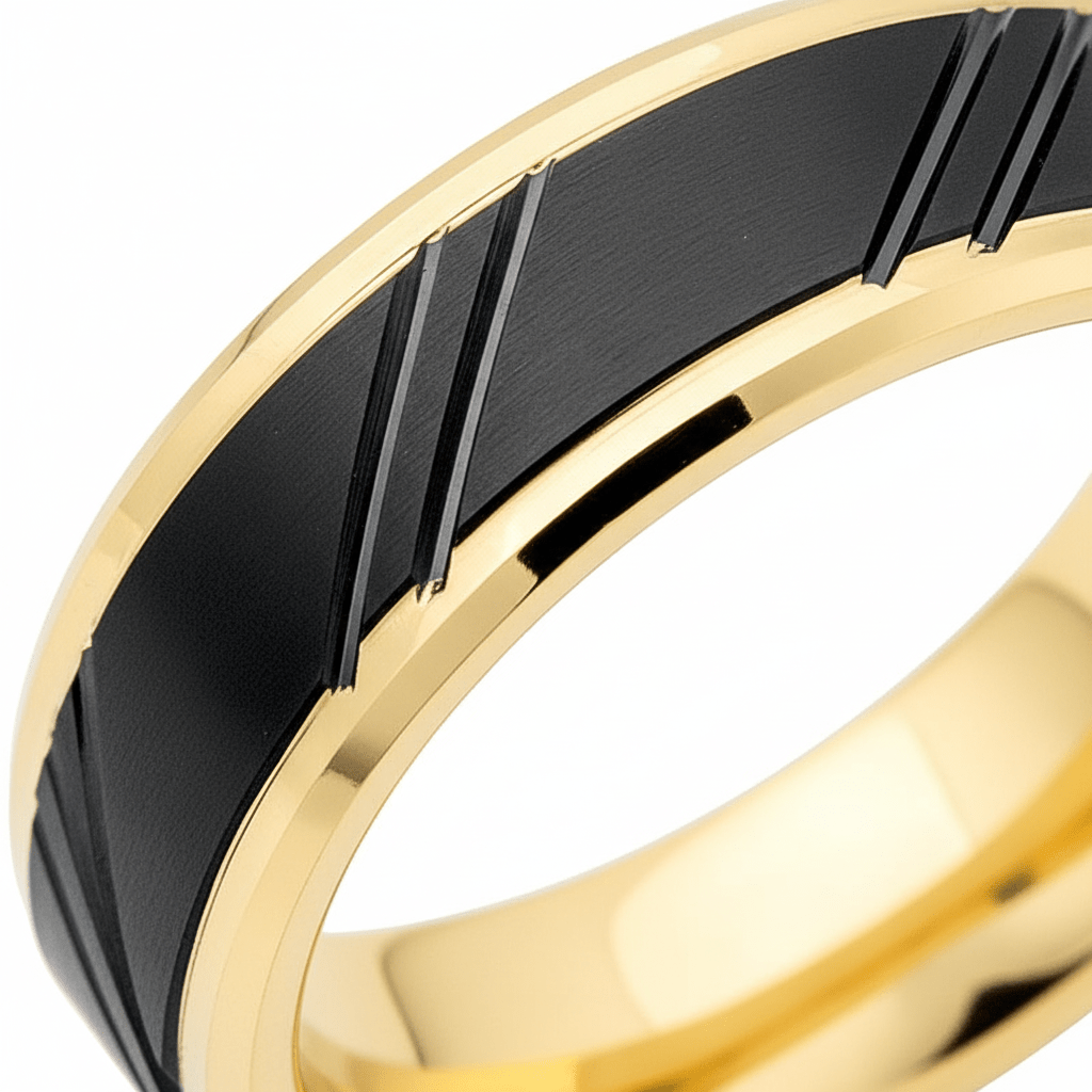TALON — Extreme macro detail — men's tungsten wedding ring.