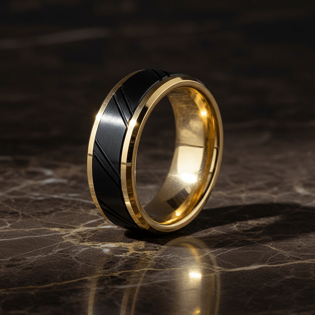 TALON — Luxury 3/4 angle on dark marble — men's tungsten wedding ring.
