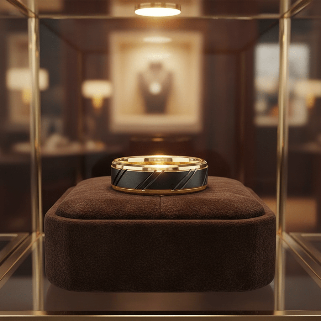 TALON — Premium boutique display on velvet — men's tungsten wedding ring.