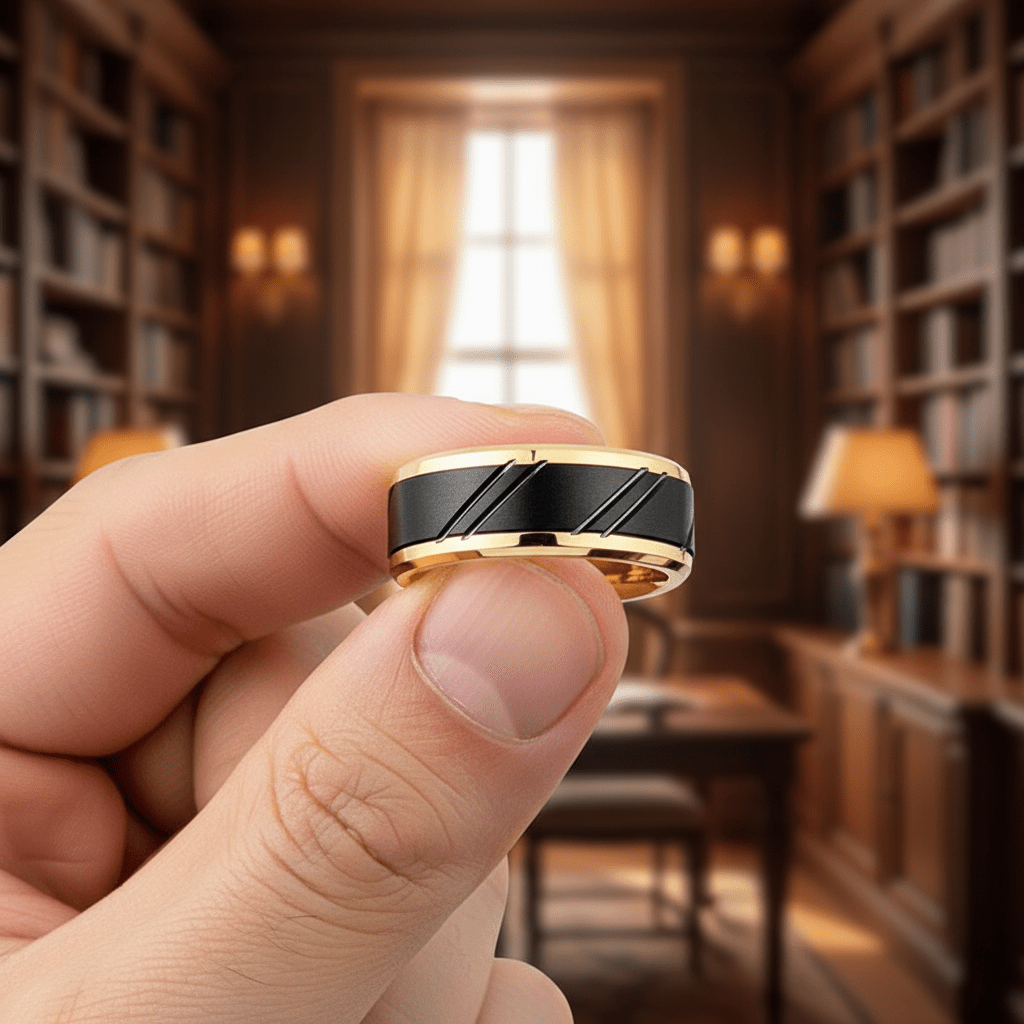 TALON — Held between fingers close-up — men's tungsten wedding ring.