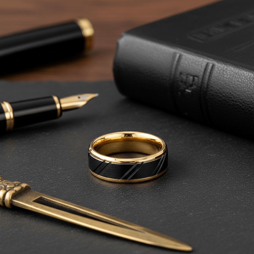 TALON — Editorial masculine still life — men's tungsten wedding ring.