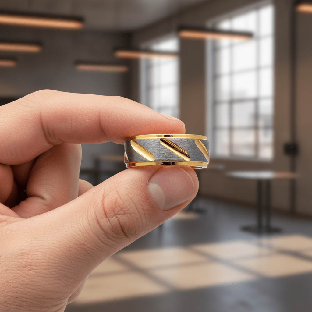 TASOS — Held between fingers close-up — men's tungsten wedding ring.