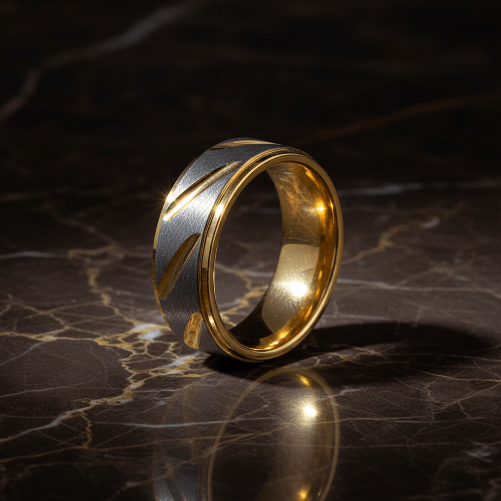 TASOS — Luxury 3/4 angle on dark marble — men's tungsten wedding ring.