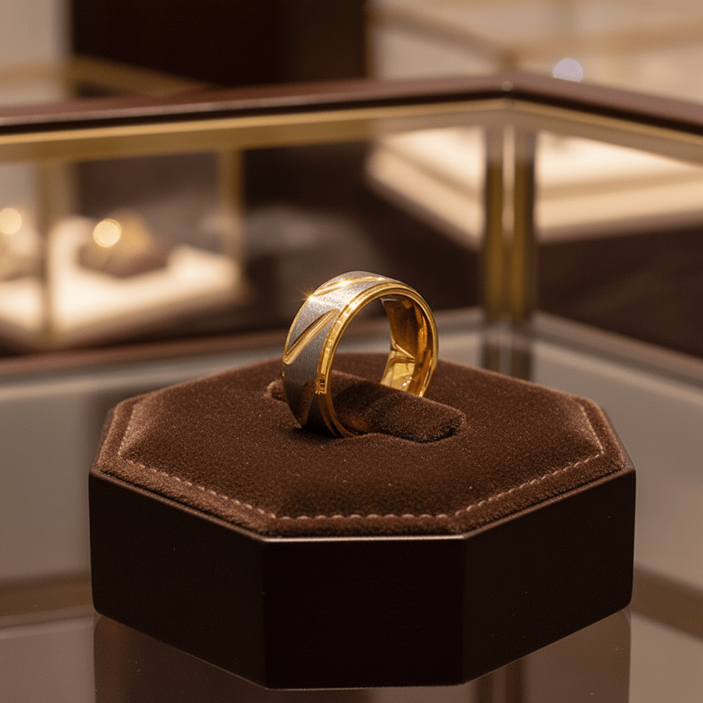 TASOS — Premium boutique display on velvet — men's tungsten wedding ring.