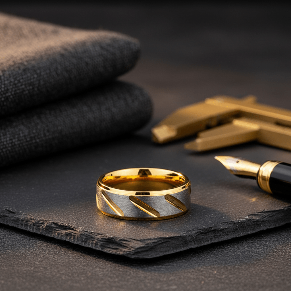 TASOS — Editorial masculine still life — men's tungsten wedding ring.