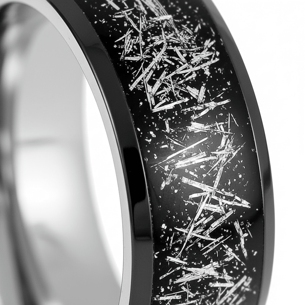 TATUM — Extreme macro detail — men's tungsten wedding ring.