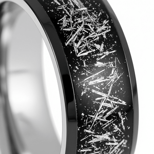 TATUM — Extreme macro detail — men's tungsten wedding ring.