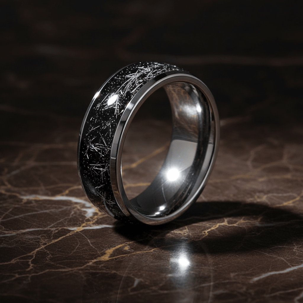 TATUM — Luxury 3/4 angle on dark marble — men's tungsten wedding ring.