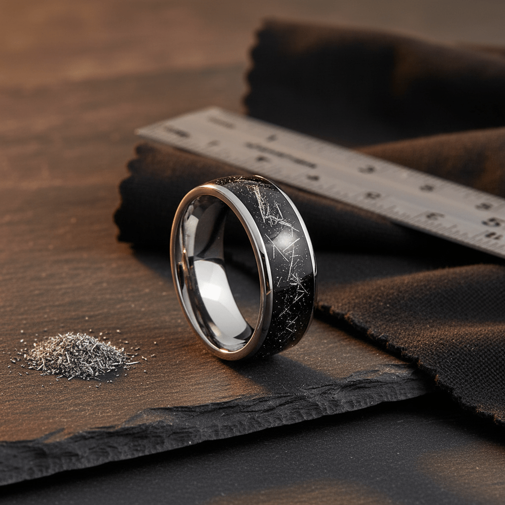 TATUM — Editorial masculine still life — men's tungsten wedding ring.