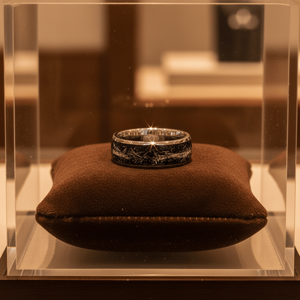 TATUM — Premium boutique display on velvet — men's tungsten wedding ring.