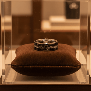 TATUM — Premium boutique display on velvet — men's tungsten wedding ring.