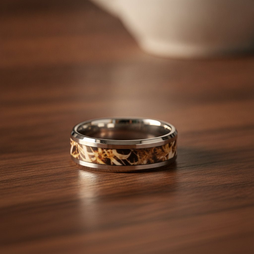 TERRA silver tungsten carbide wedding band with leaves and grassland woodland camouflage inlay running around the band and polished edges resting on a walnut wood counter, lifestyle scene