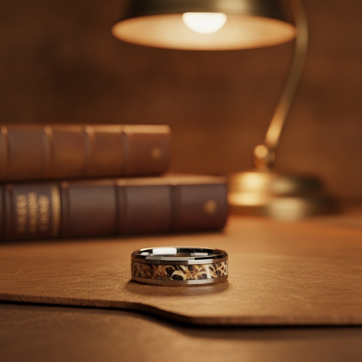 Aydins TERRA | Tungsten Carbide Ring, Camouflage Inlay lifestyle scene, leather library