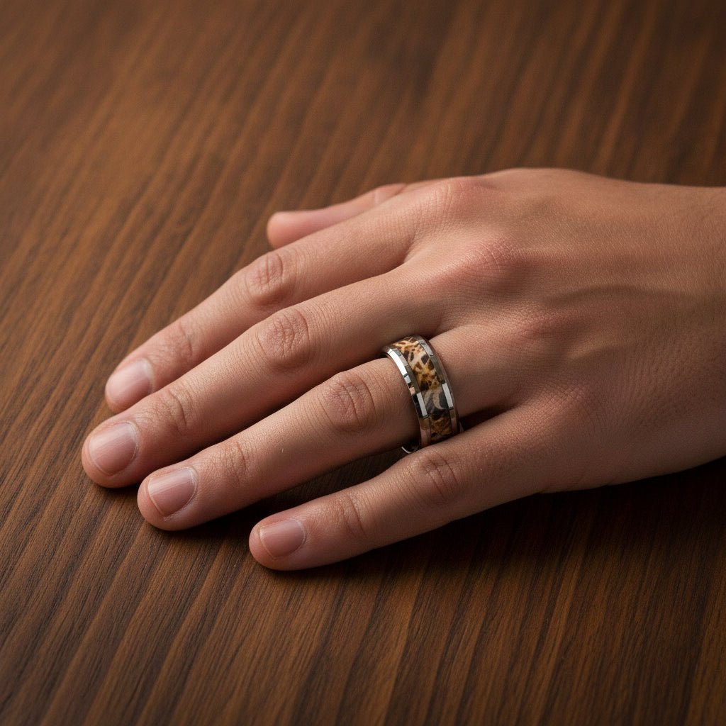 TERRA silver tungsten carbide wedding band with leaves and grassland woodland camouflage inlay running around the band and polished edges worn on man's hand resting on walnut wood, lifestyle photo