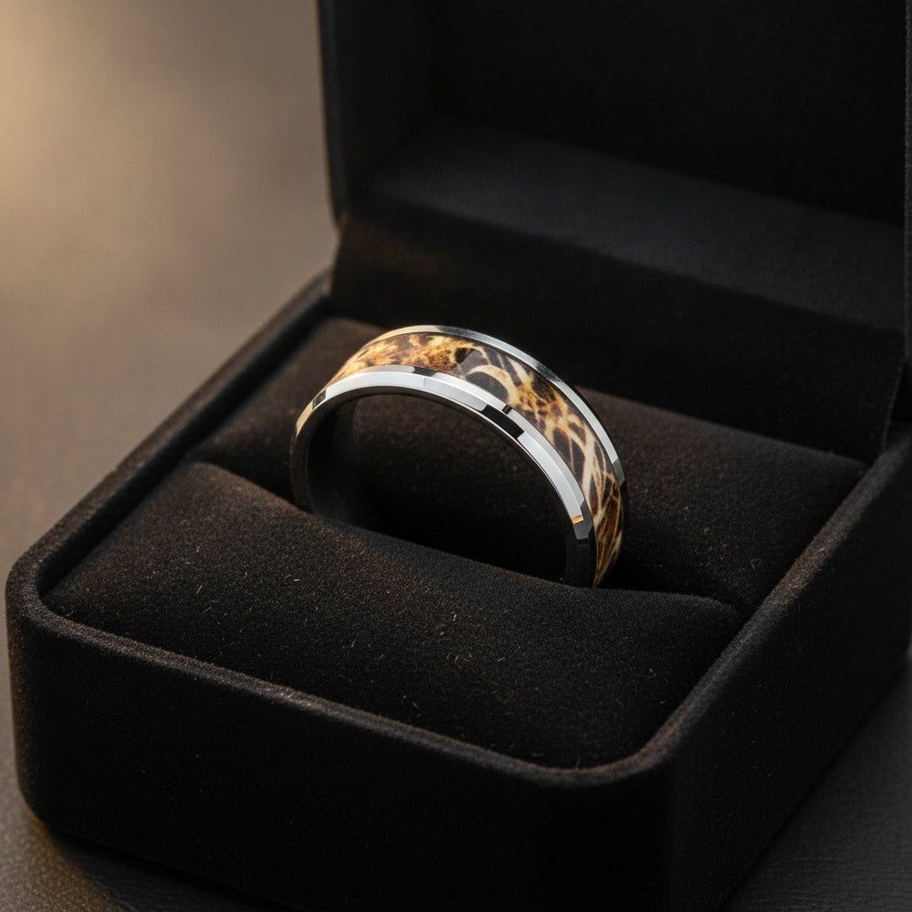 TERRA silver tungsten carbide wedding band with leaves and grassland woodland camouflage inlay running around the band and polished edges nested in a black velvet ring box, editorial jewelry shot