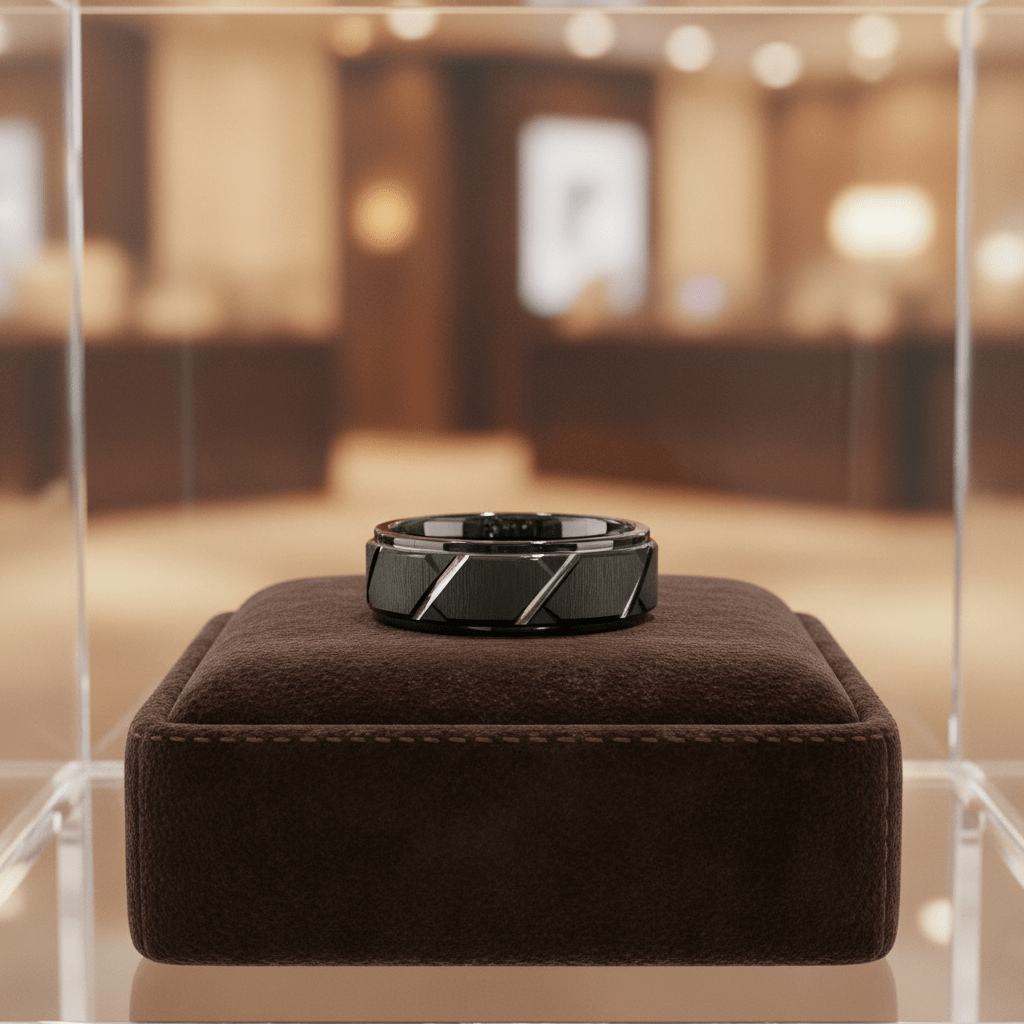 TERRANCE — Premium boutique display on velvet — men's tungsten wedding ring.