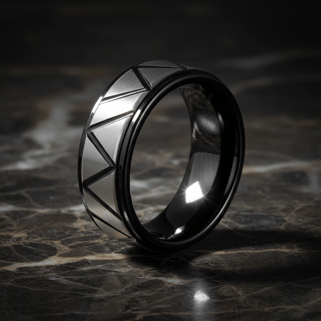 TERRANCE — Luxury 3/4 angle on dark marble — men's tungsten wedding ring.