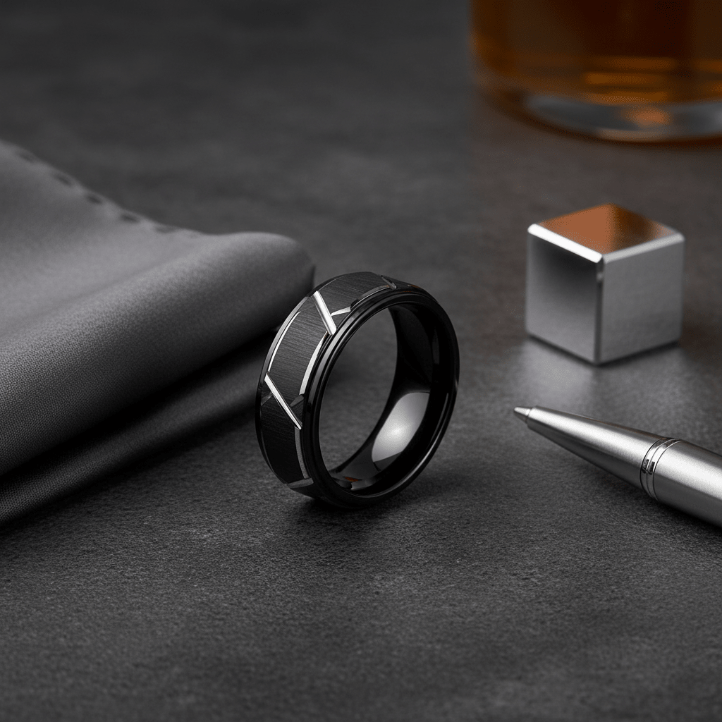 TERRANCE — Editorial masculine still life — men's tungsten wedding ring.