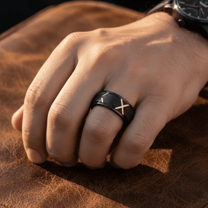 TERRANCE — Lifestyle photo on hand — men's tungsten wedding ring.