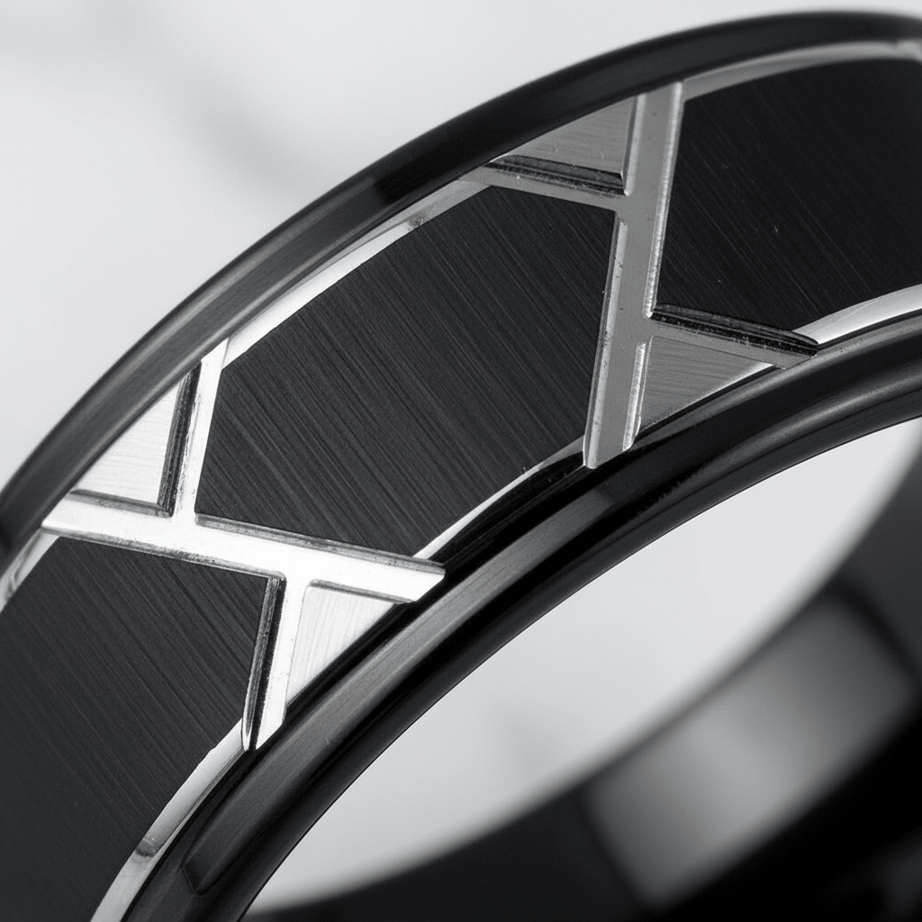 TERRANCE — Extreme macro detail — men's tungsten wedding ring.