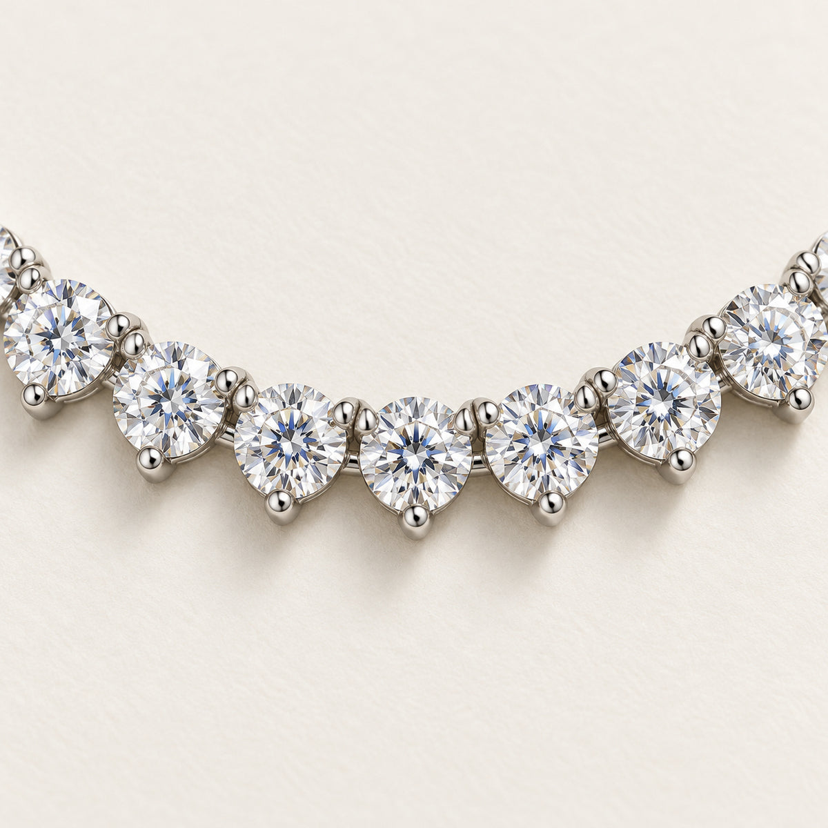 Three Prong Straight Line Necklace, silver, lab grown diamonds, setting close-up