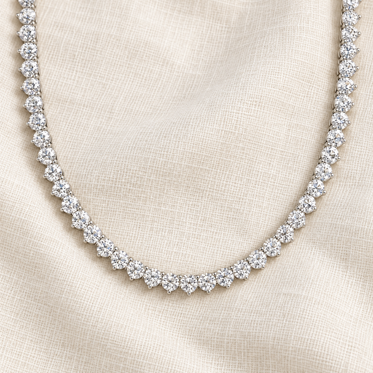 Three Prong Straight Line Necklace, silver, lab grown diamonds, on ivory linen