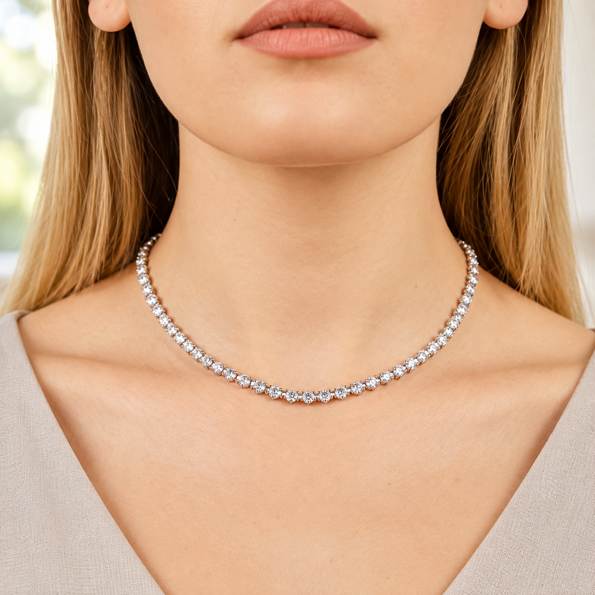 Three Prong Straight Line Necklace, silver, lab grown diamonds, worn on a model