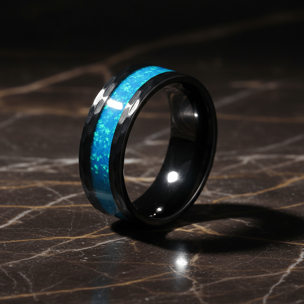 TIDAL — Luxury 3/4 angle on dark marble — men's tungsten wedding ring.