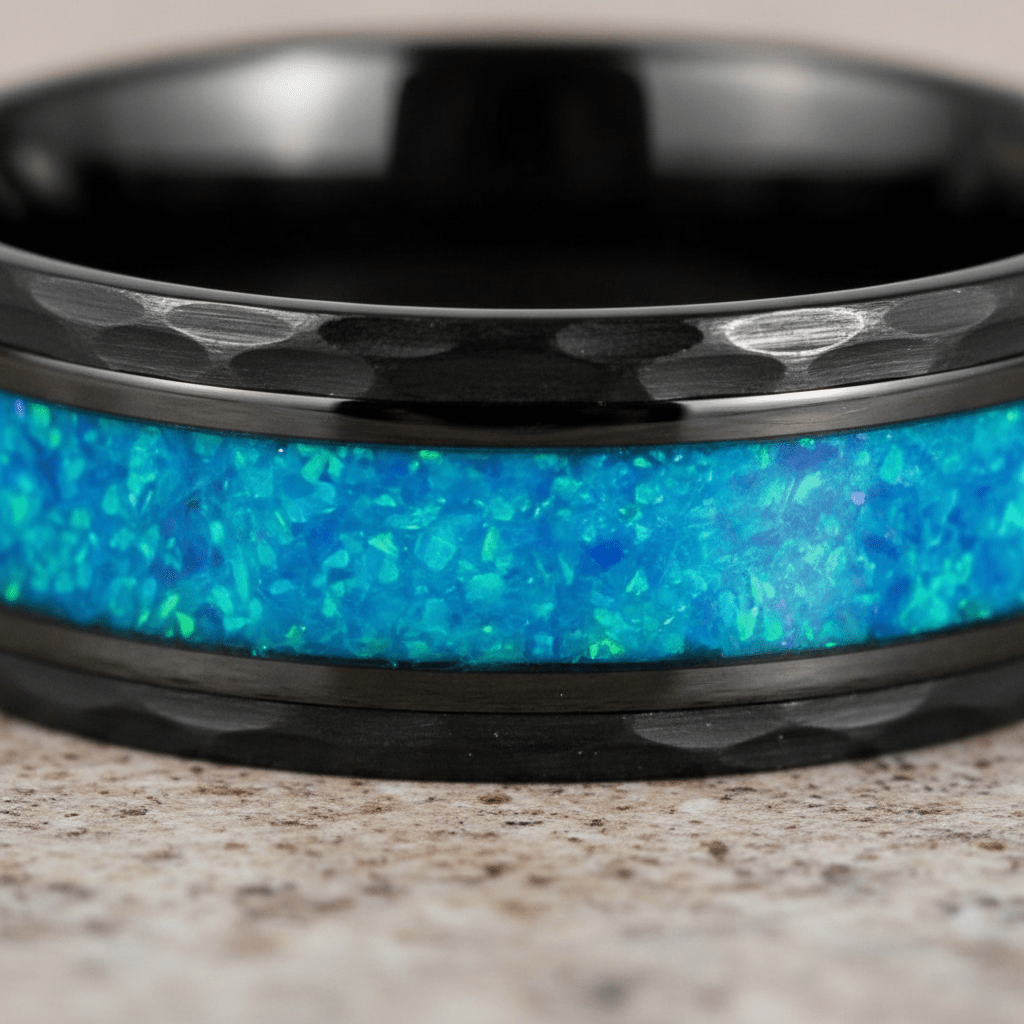 TIDAL — Extreme macro detail — men's tungsten wedding ring.