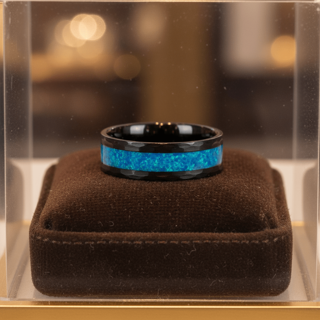 TIDAL — Premium boutique display on velvet — men's tungsten wedding ring.