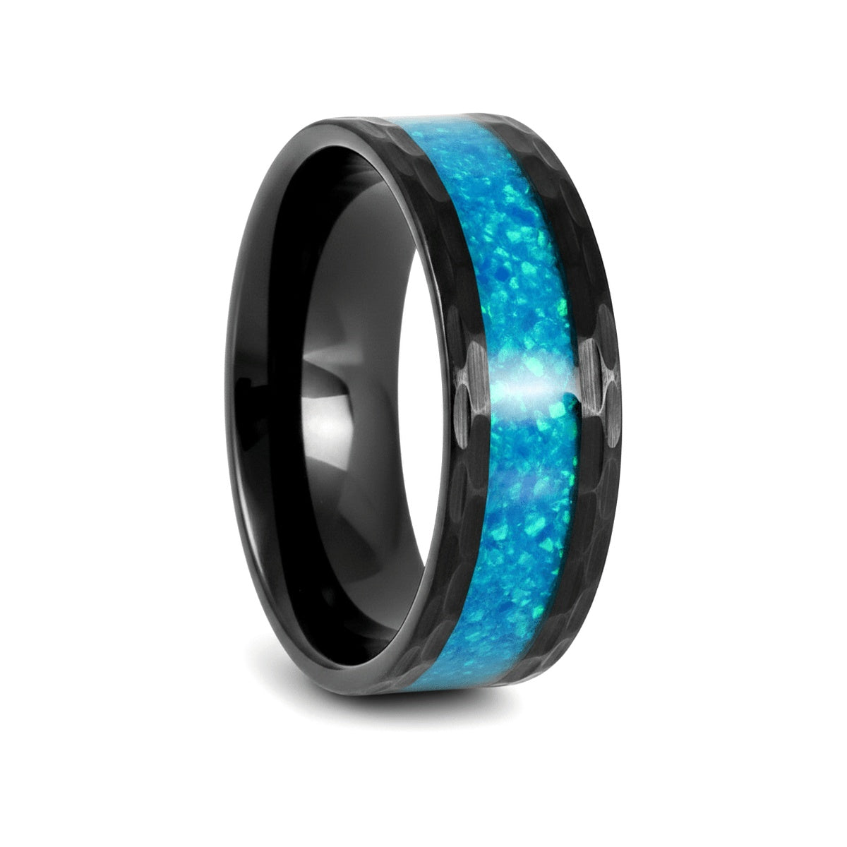 TIDAL black tungsten wedding ring with hammered finish and blue opal inlay - front view