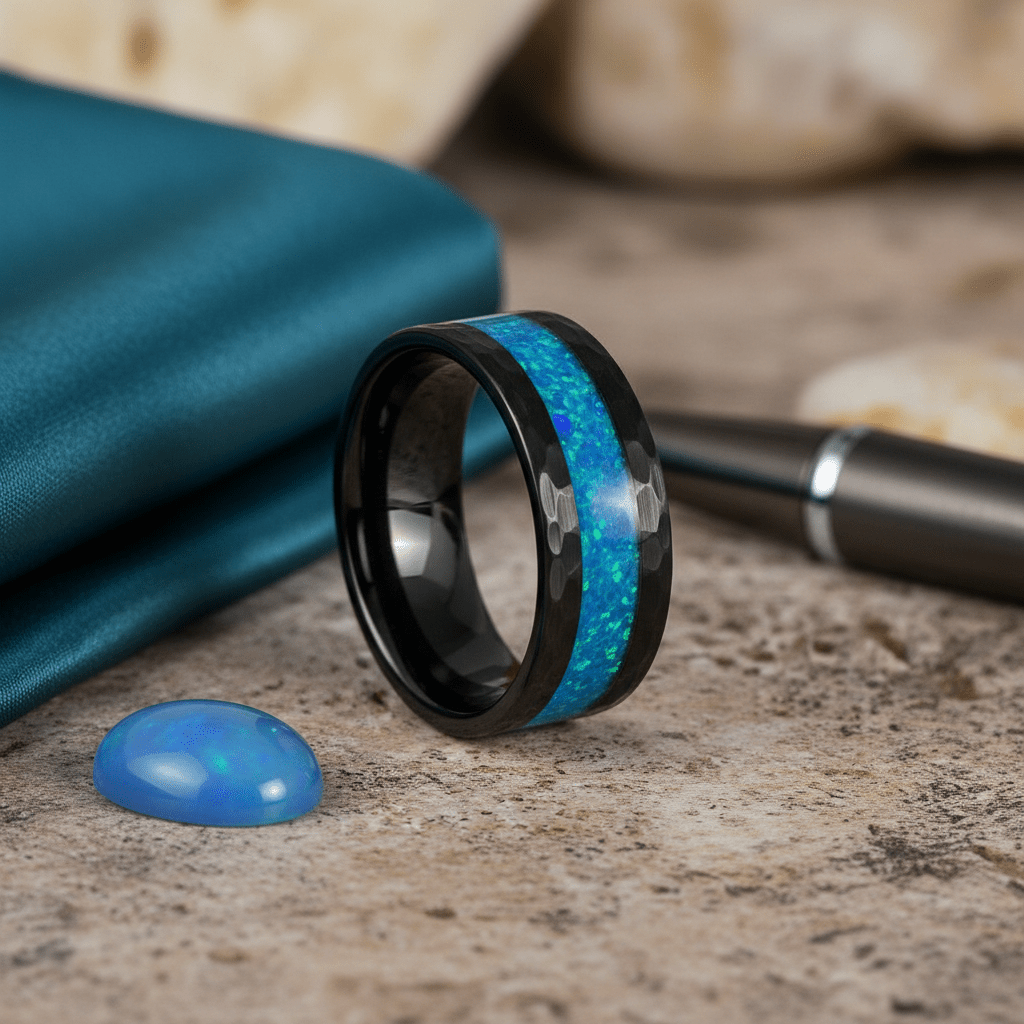 TIDAL — Editorial masculine still life — men's tungsten wedding ring.
